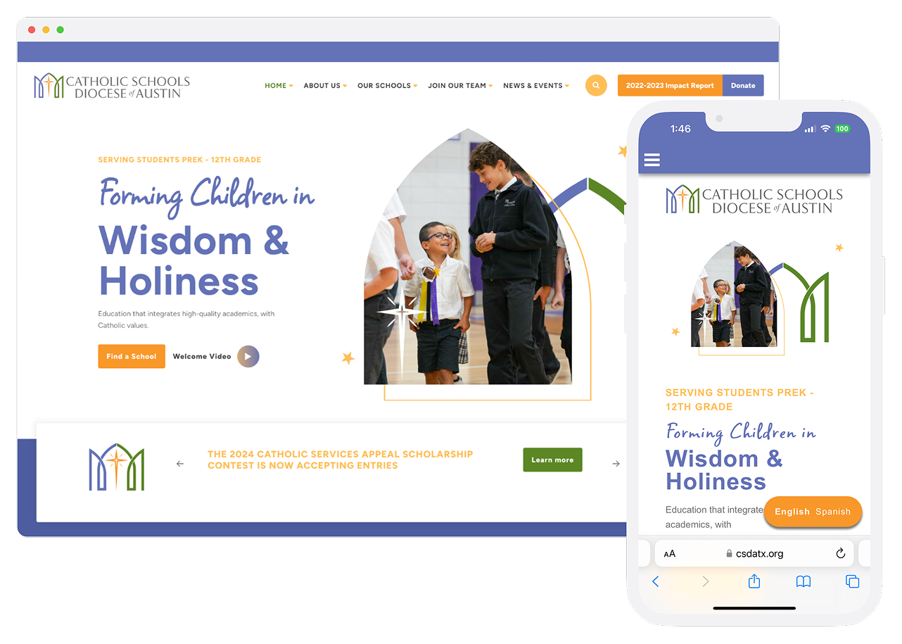 Desktop and mobile view of a custom parish website design
