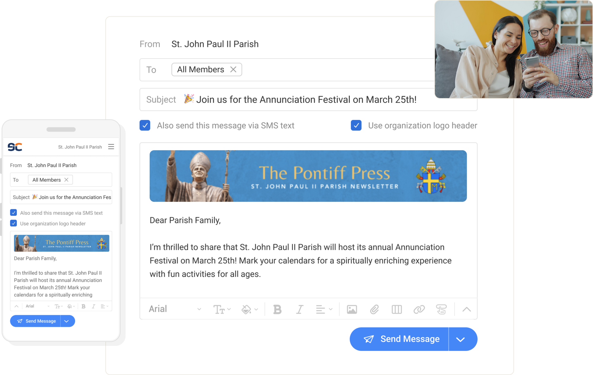 Email and texting tool for the Catholic Church