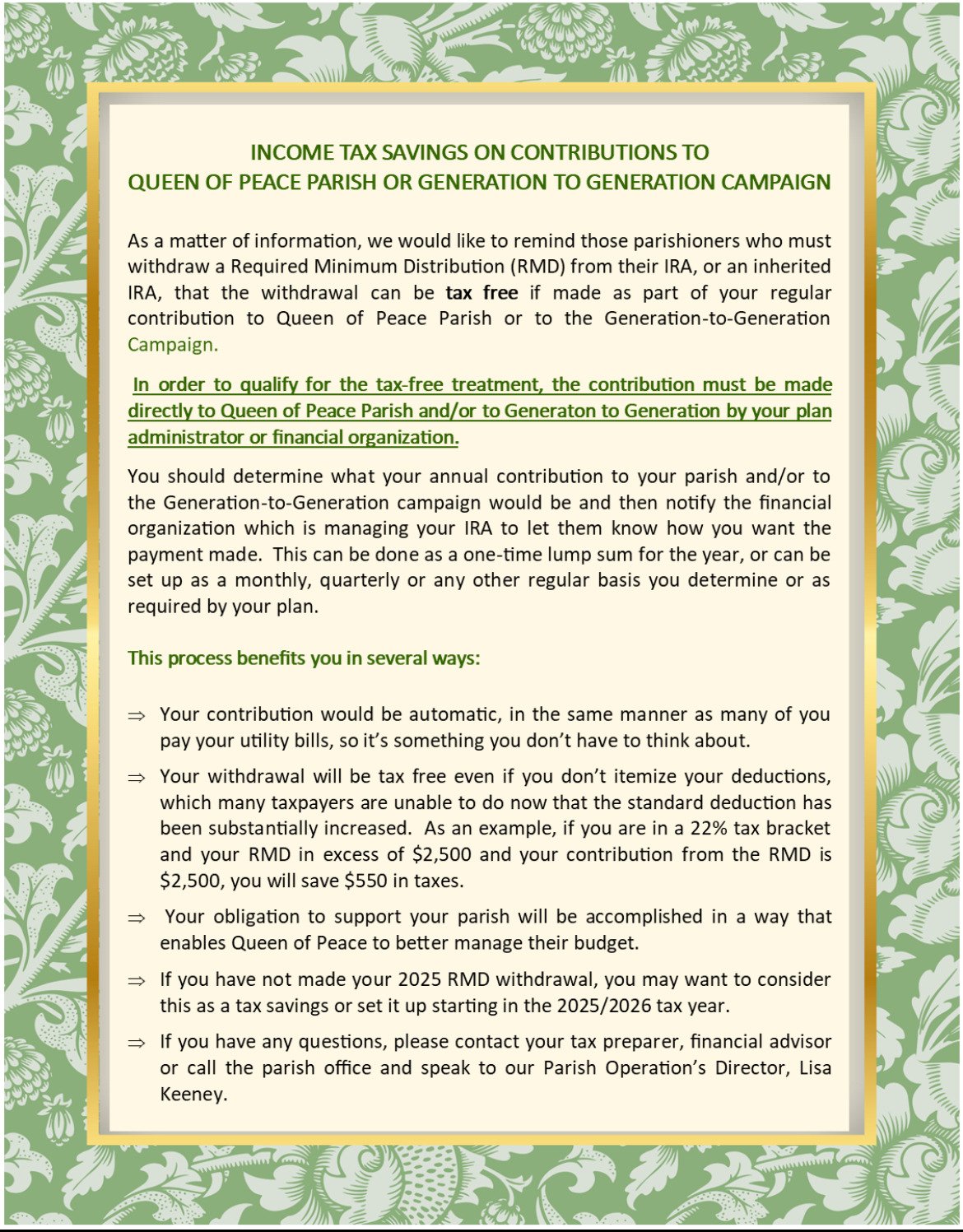 Income Tax Savings on Contributions to Queen of Peace Parish or Generation to Generation Campaign
