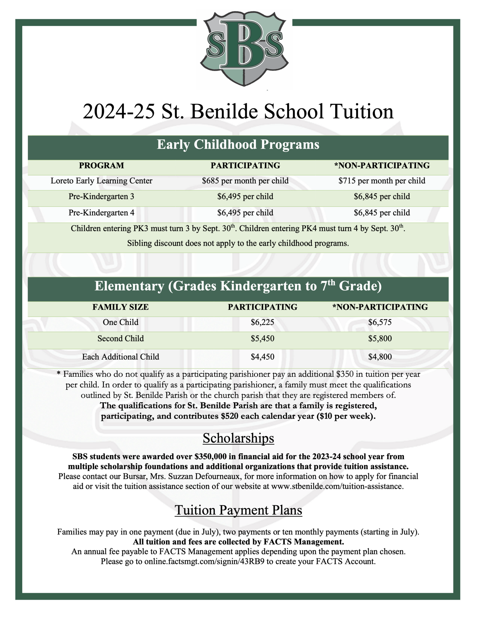 Tuition & Fees - St. Benilde School - Metairie, LA