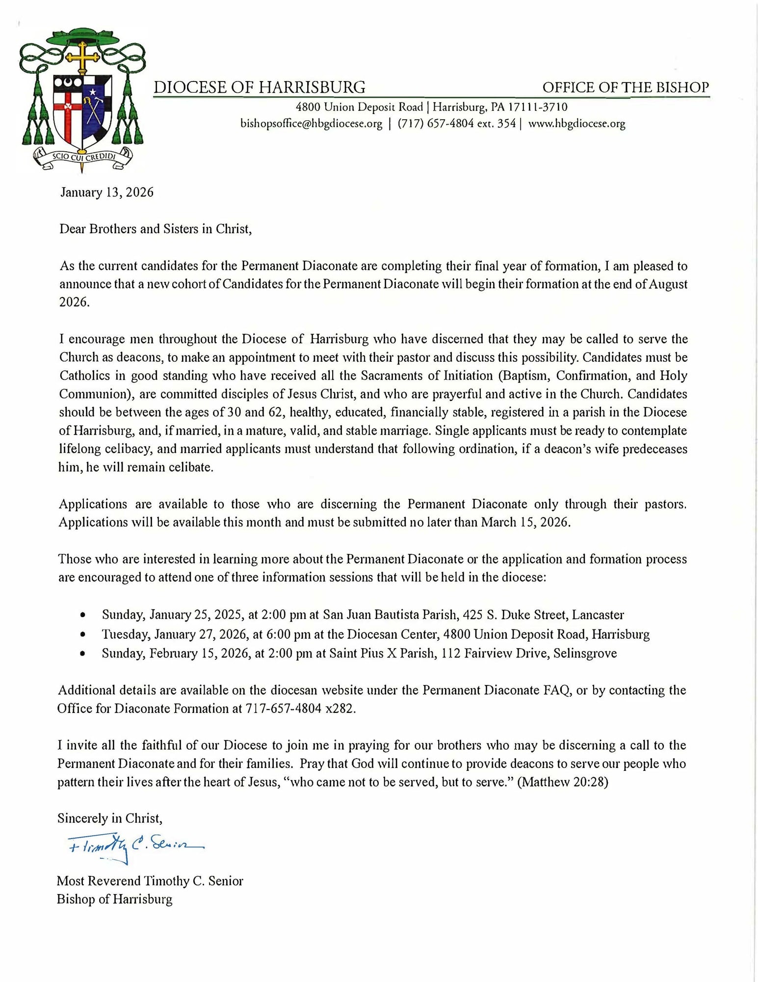 Bishop Senior Permanent Diaconate Letter