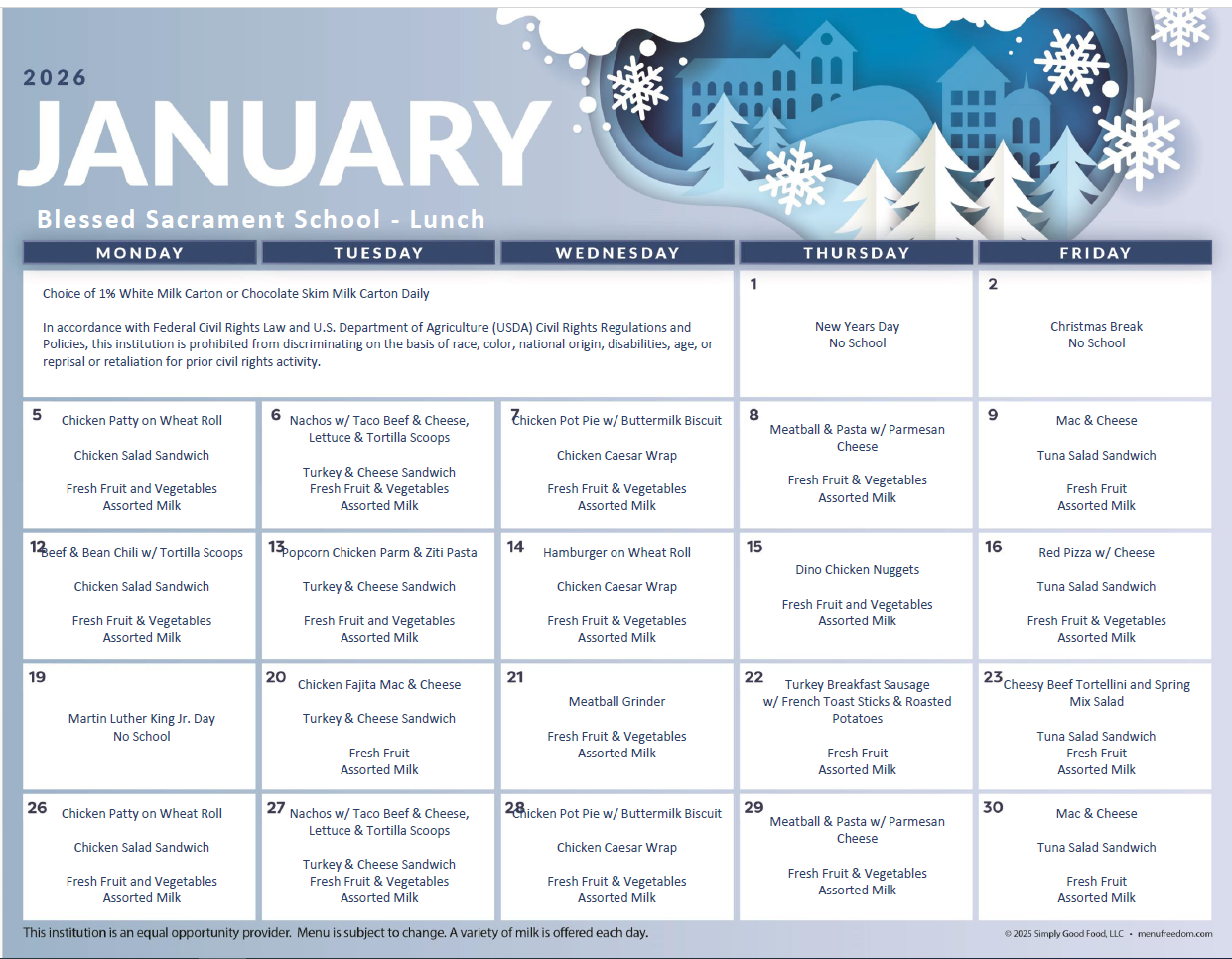 January Hot Lunch Menu