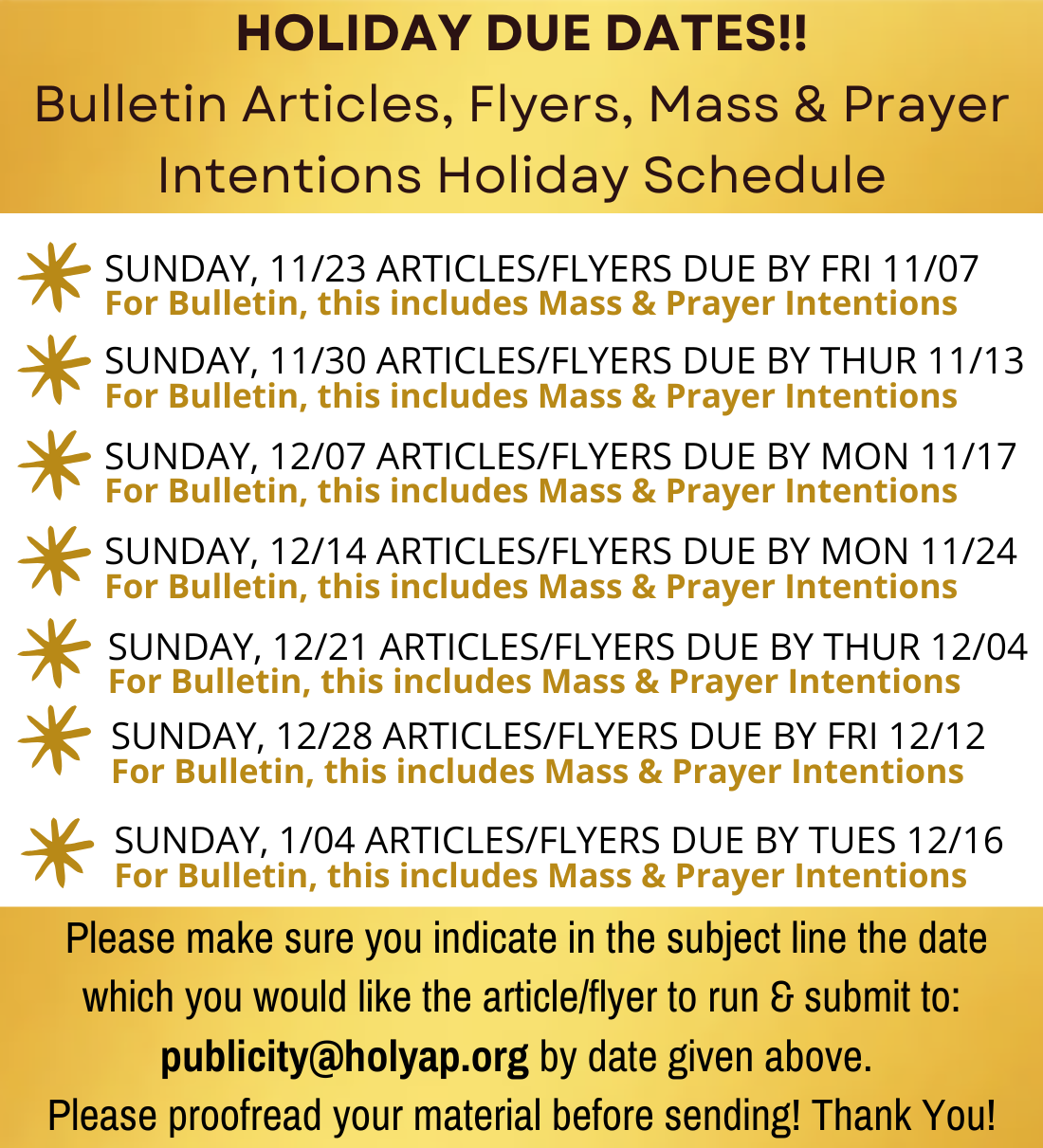 Bulletin Article, Flyer Mass & Prayer Intention Holiday Due Dates 2025