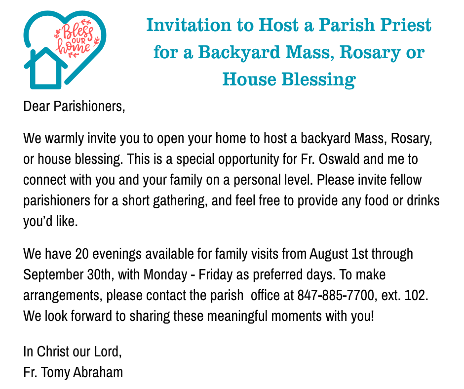 Invitation to Host a Priest for a Backyard Mass, Rosary or House Blessing