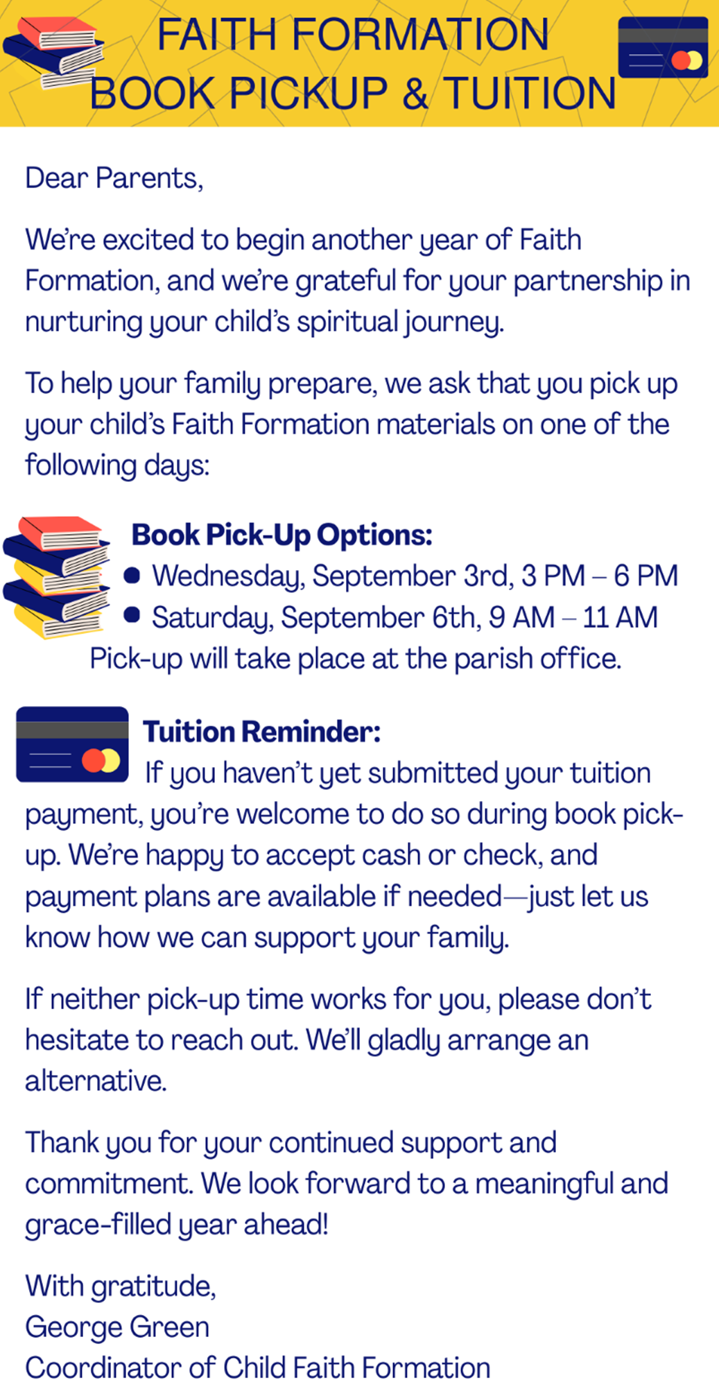 Book Pickup & Tuition Reminder