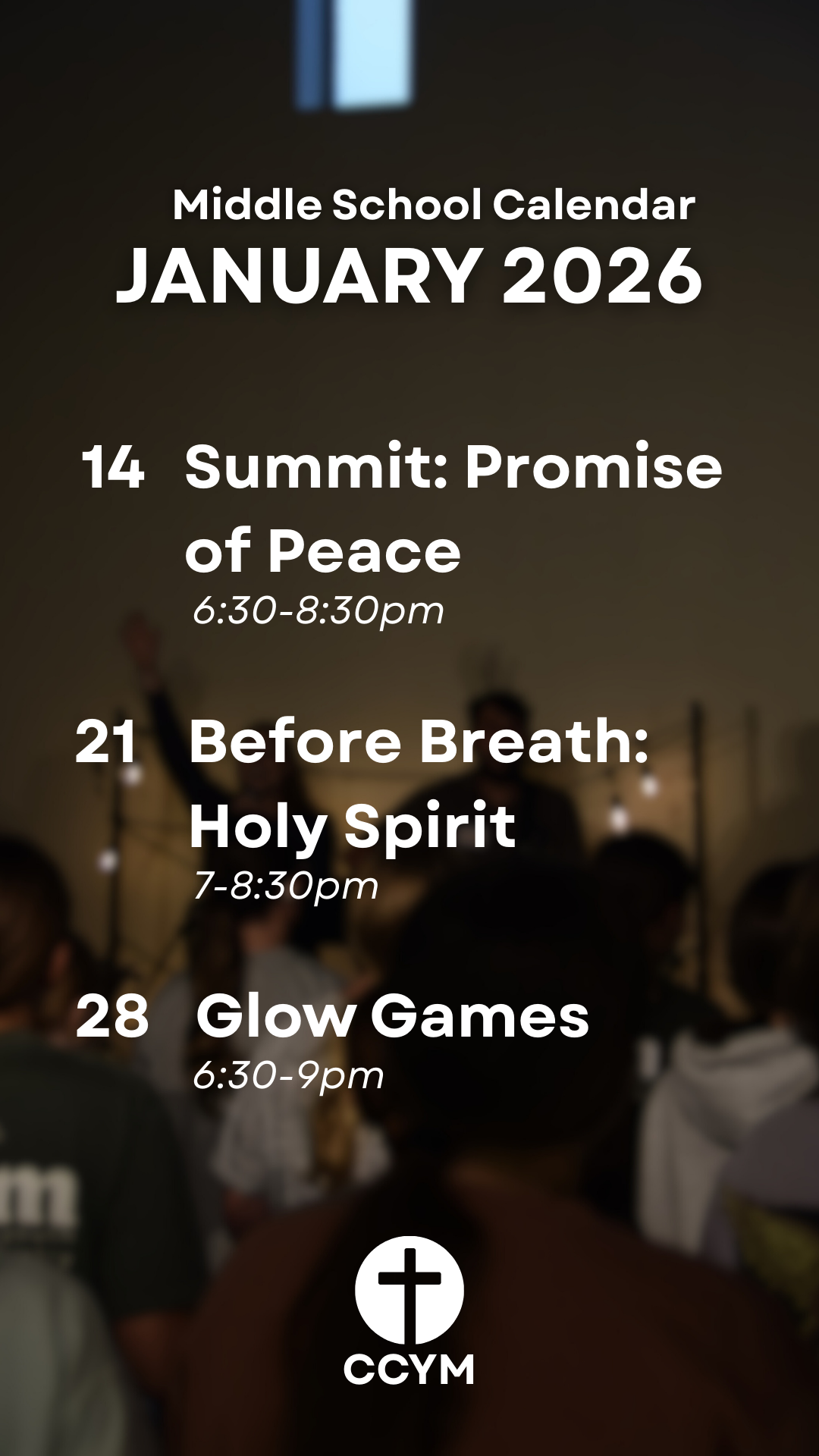 Corpus Christi middle school youth ministry group January 2026 calendar