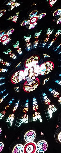 Close-up of the rose window at St. Mary's Catholic Church in Oshkosh, Wi