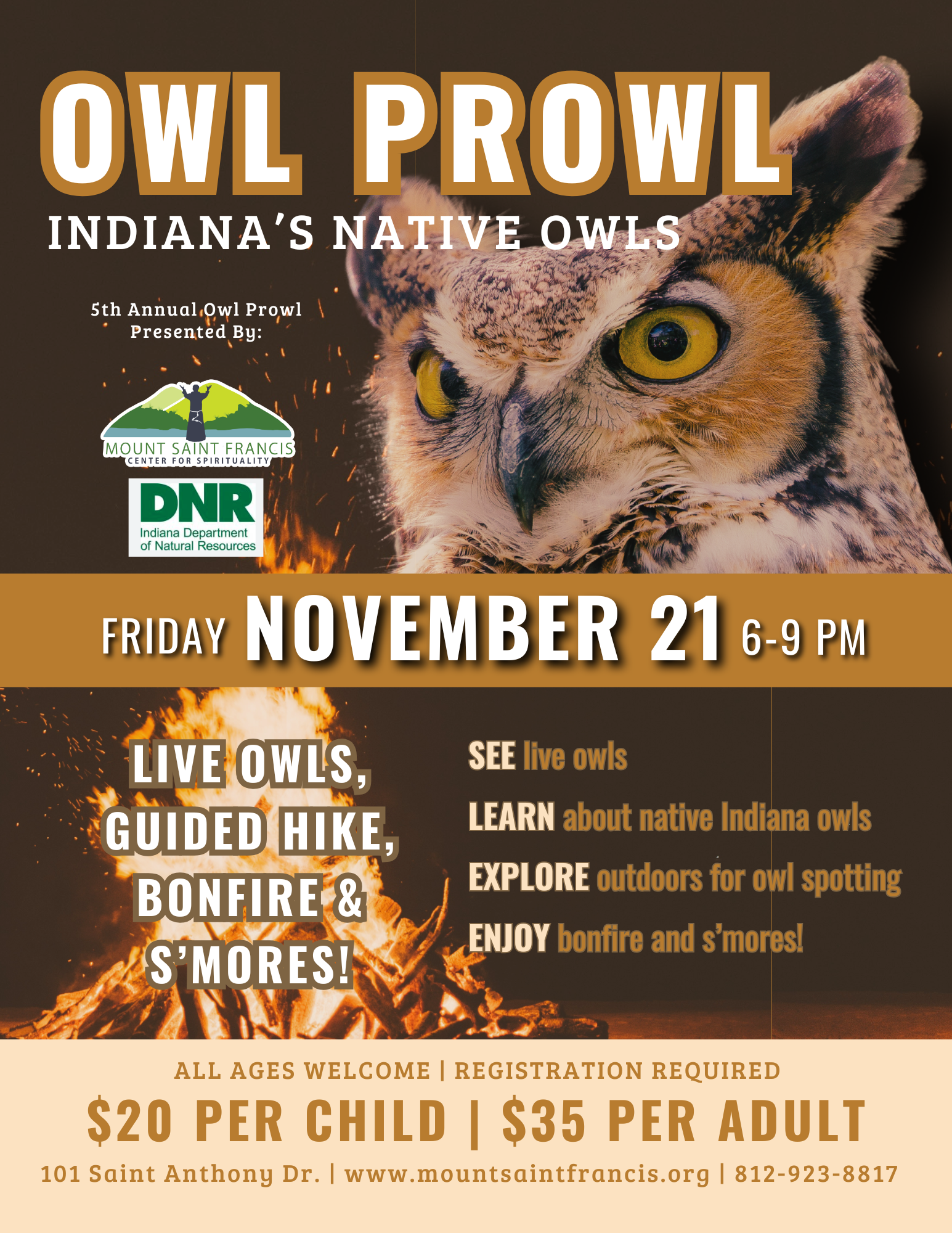 Owl Prowl 2025- Owls, night Hike, Bonfire, and S'mores!