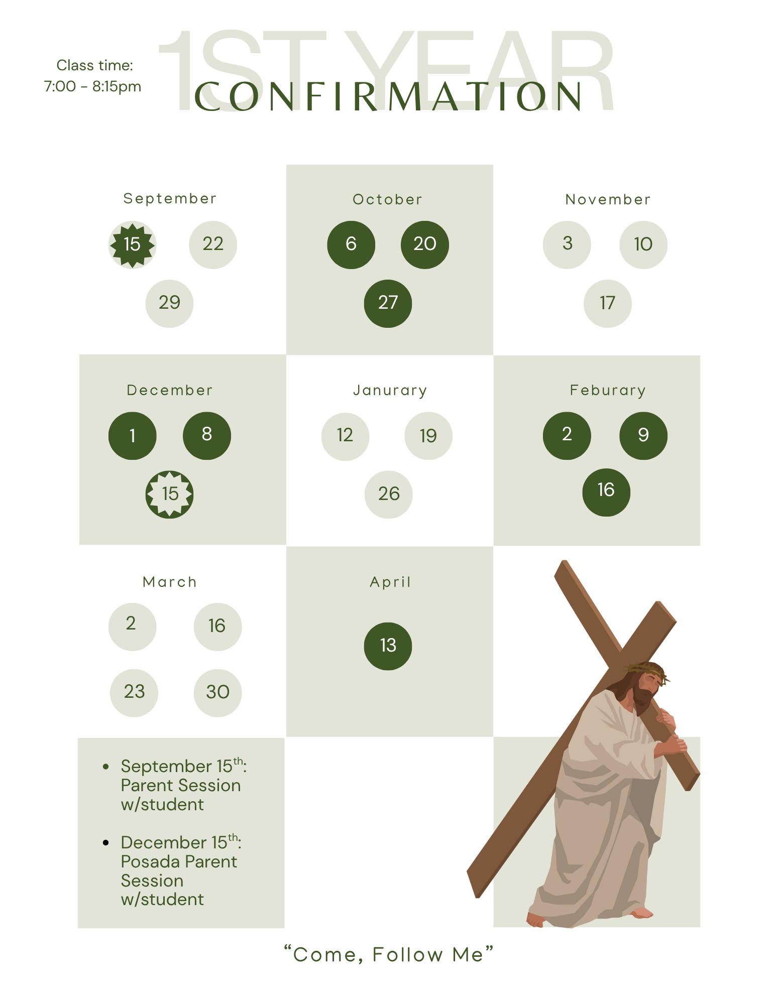 1st Year Confirmation Calendar
