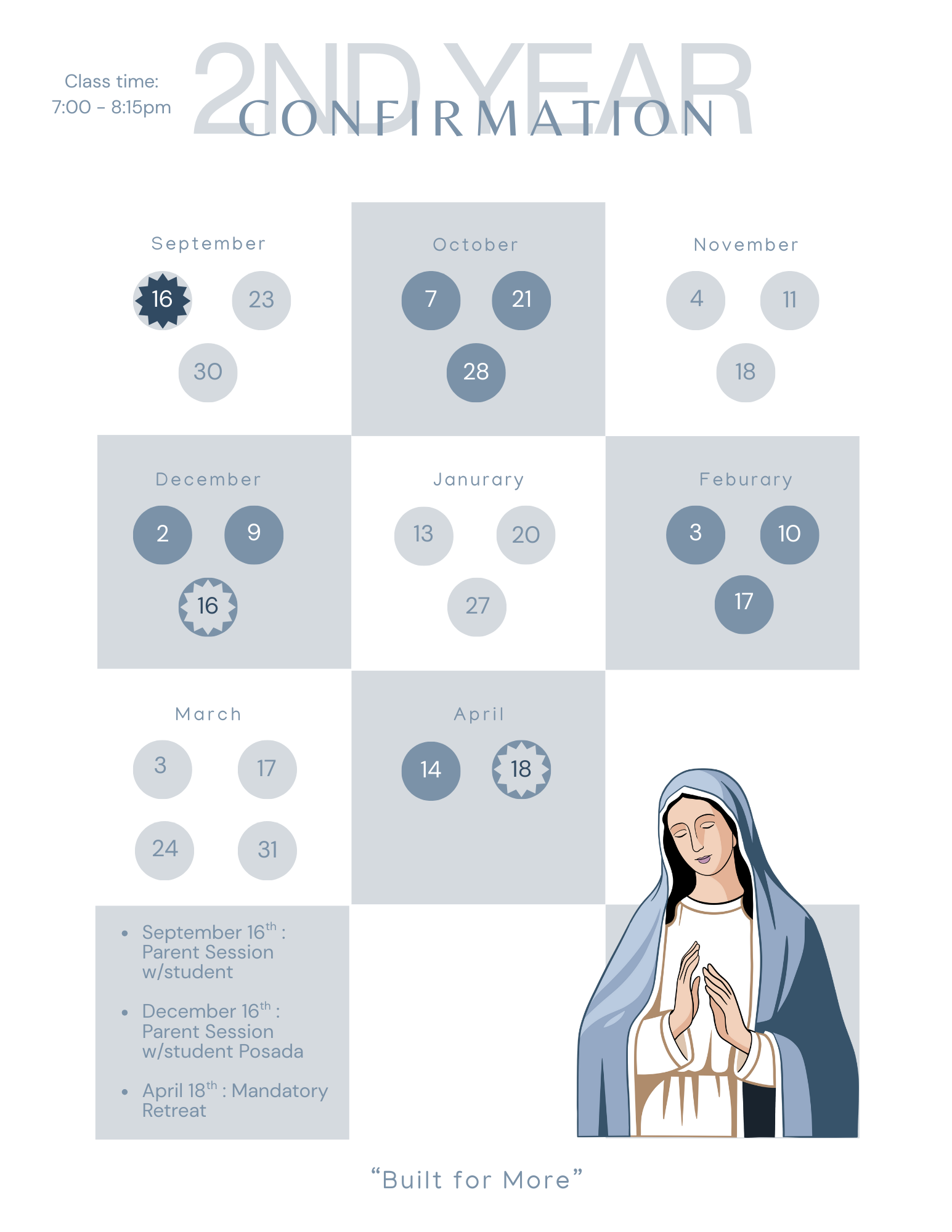 2nd Year Confirmation Calendar