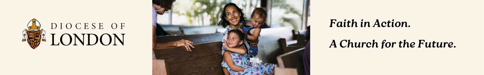 Mother holding children laughing in pew