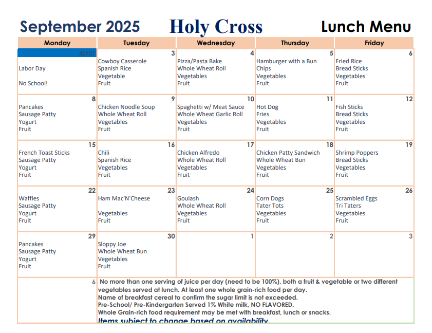 September Lunch Menu 