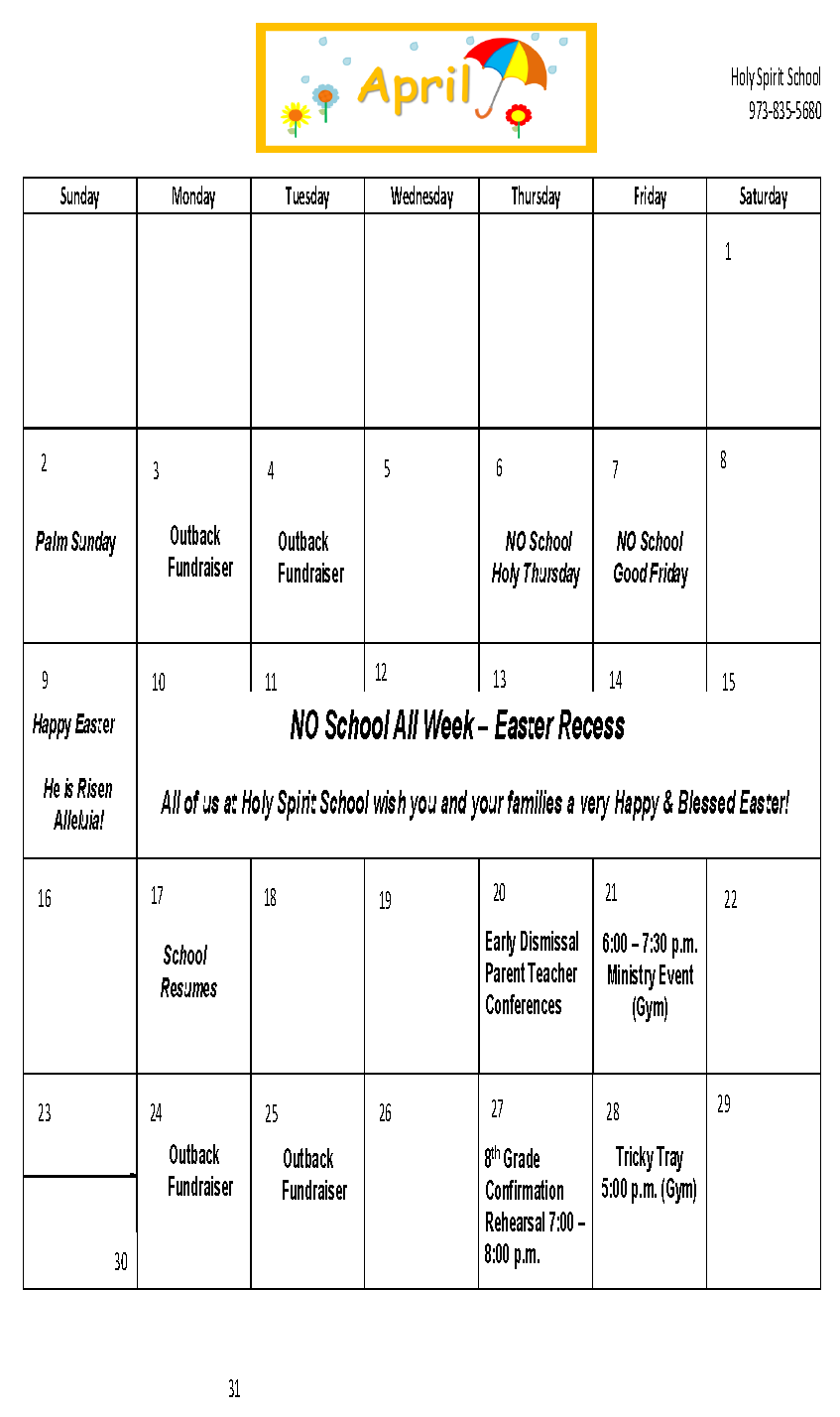 Monthly Calendar Holy Spirit School Pequannock, NJ