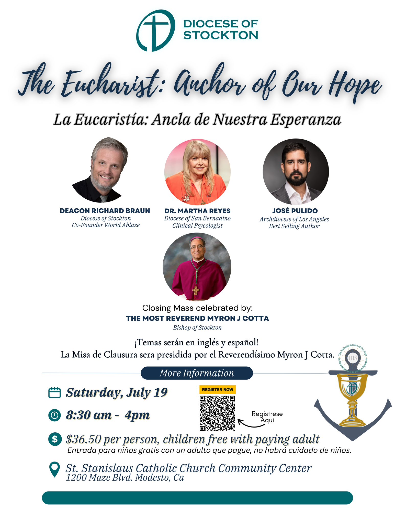 Flyer with description of Eucharist Conference event being held on July 19th 2025 at St. Stanislaus Church in Modesto.