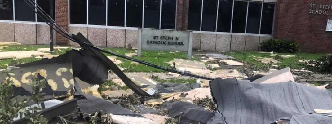 St. Stephen’s gym roof, church steeple lashed by Ida