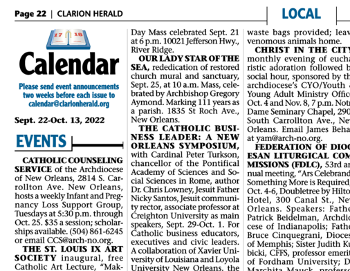 Calendar of Events Sept. 22-Oct. 13