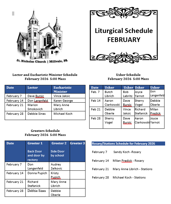 Feburary Liturgical Schedule