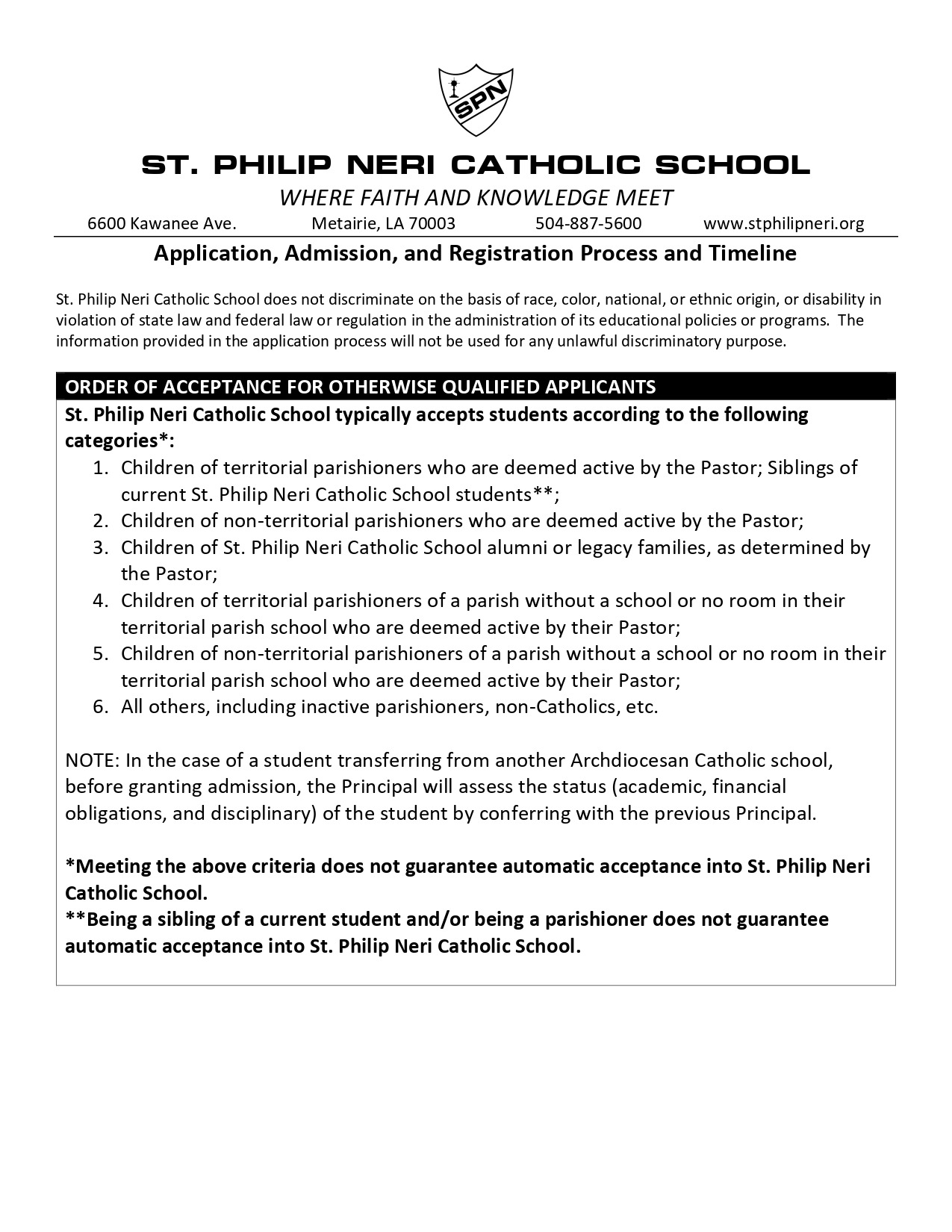 Admissions Policies PLEASE READ THIS PAGE IN ITS ENTIRETY St. Philip
