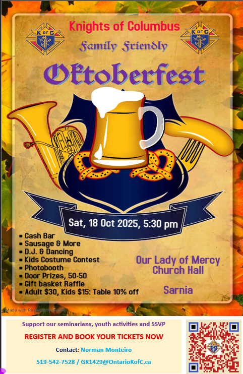 Poster advertising the 2025 Family Friendly Oktoberfest at OLM Church Hall, Sarnia.