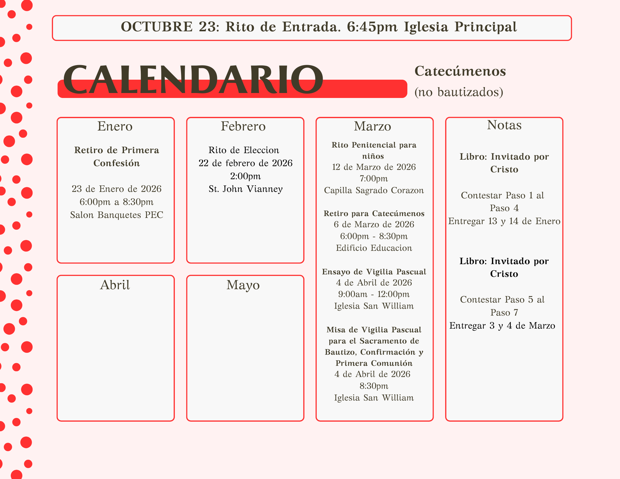 Calendario de Actividades para Catecumenos en año 2
