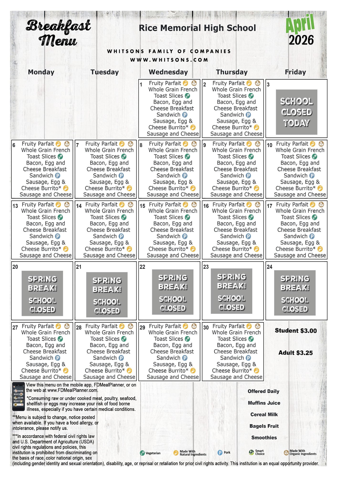 April Breakfast Menu