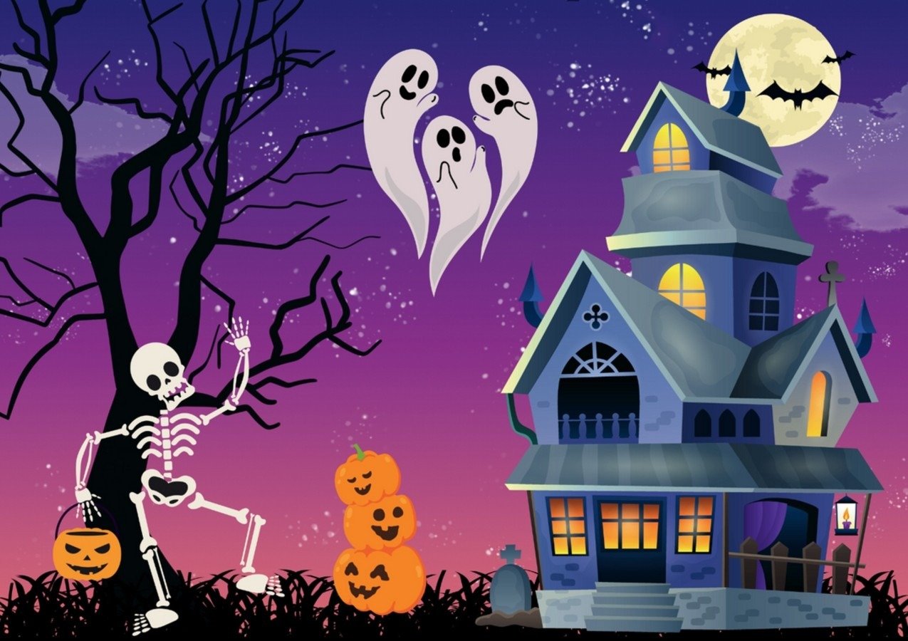 trunk or treat haunted house graphic with characters