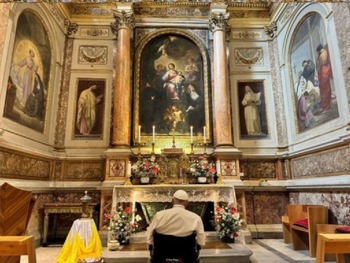 Pope prays at tomb of St. Monica on her feast day