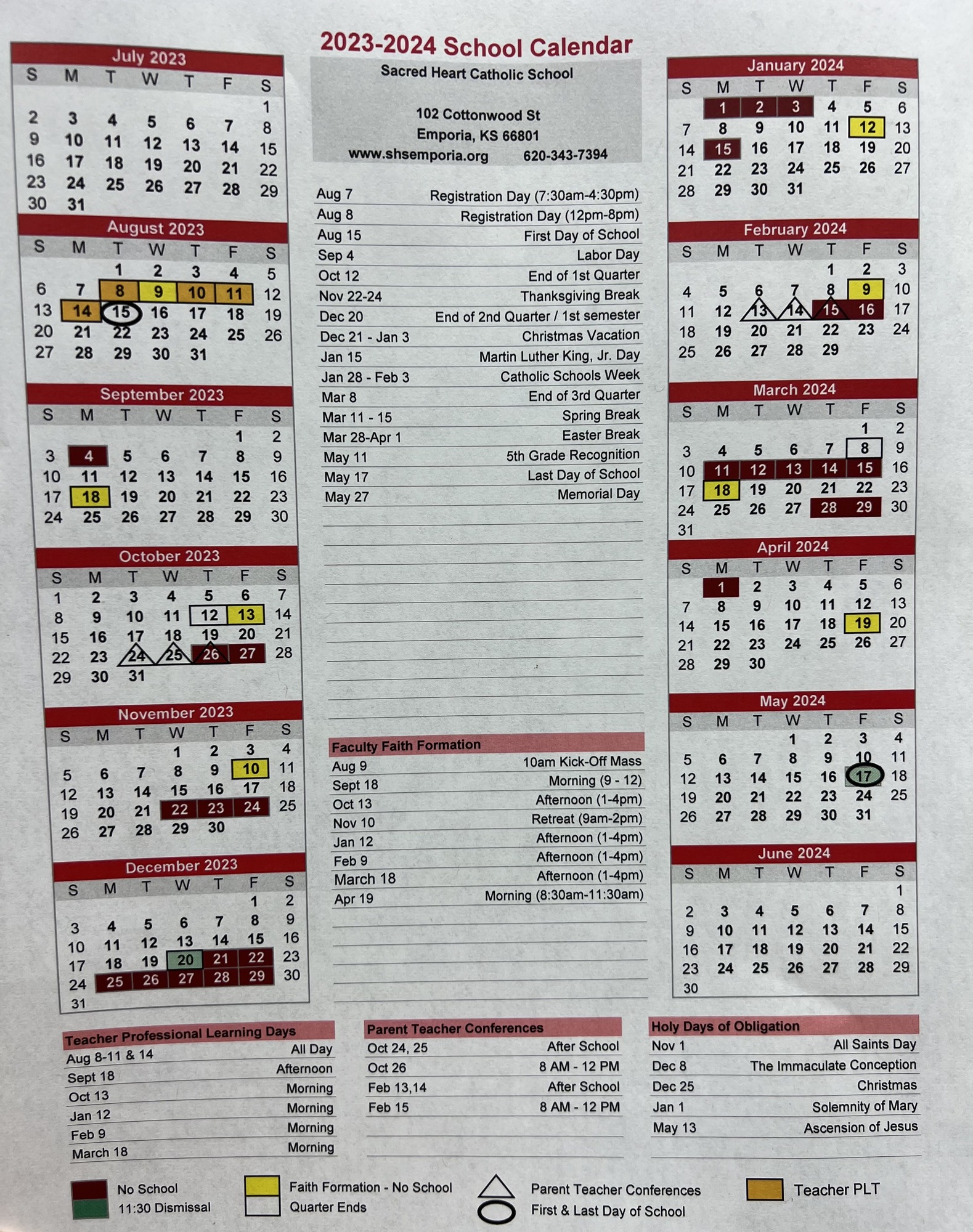 Sacred Heart Catholic School 20232024 Academic Calendar Emporia, KS