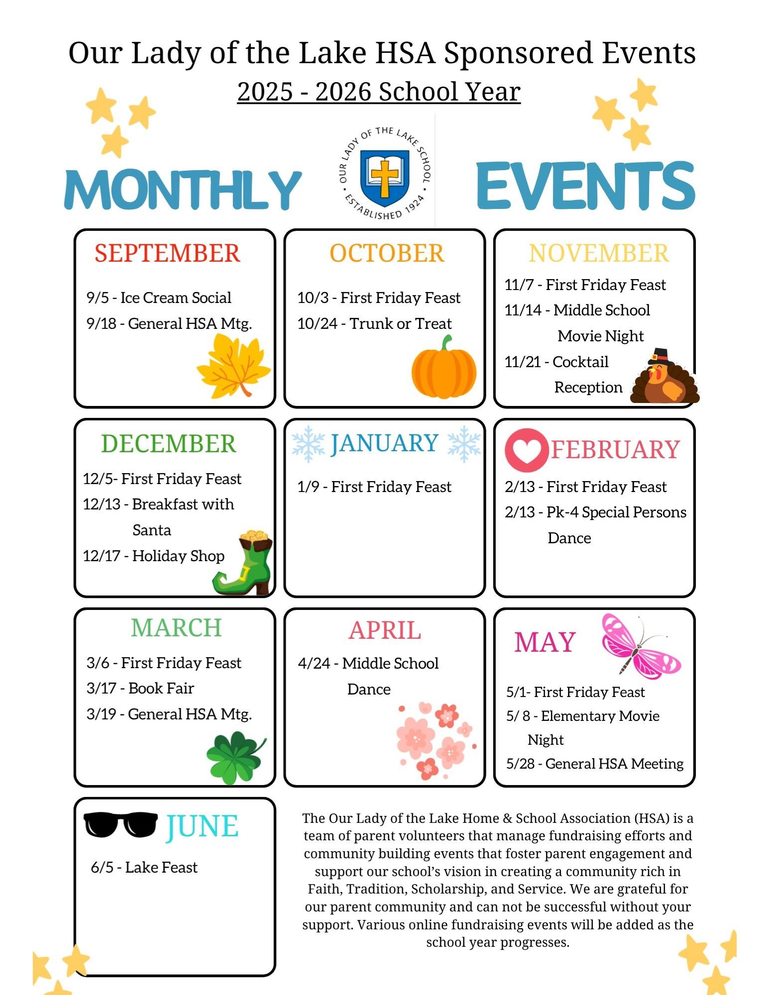 Our Lady of the Lake HSA event calendar 2024-2025