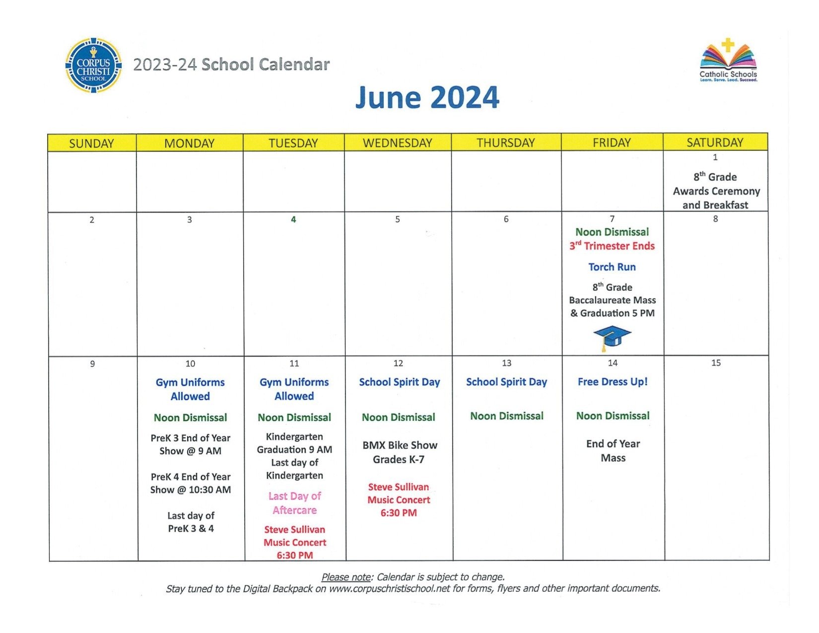 School Calendar Corpus Christi School Hasbrouck Heights NJ