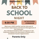 Back to School Night: Wednesday, September 17, 2025