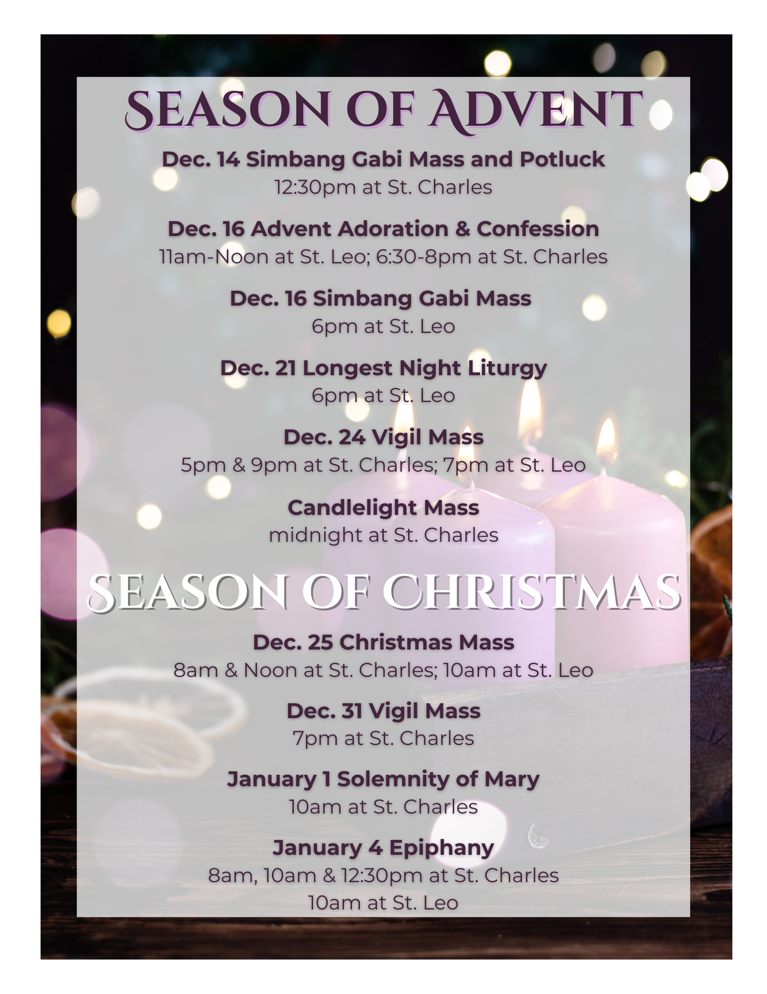 SEASON OF ADVENT MASS SCHEDULE 