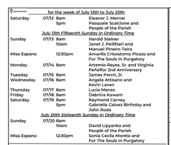 Mass Intentions for the week of Jul  14th to Jul 20th