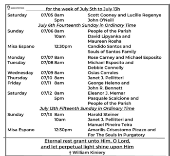 Mass Intentions for the week of Jul 5th to 13th