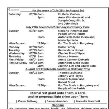 Mass Intentions for the week of Jul 26 to Aug 3rd