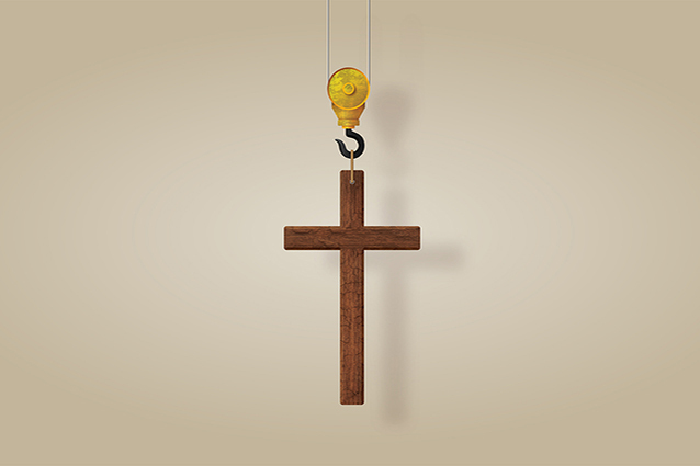 Cross hanging from construction crane. Illustration by Ricardo Paiba.