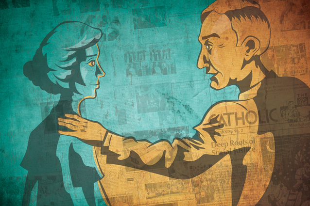Dorothy Day meets Peter Maurin, December 1932. // Illustration by Vinny Bove.