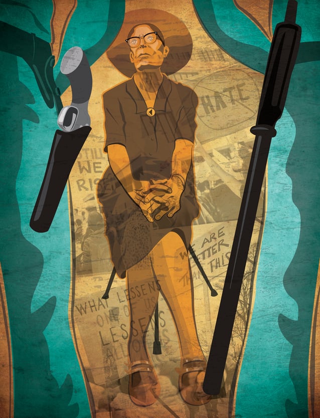 Dorothy's last arrest, 1973. // Illustration by Vinny Bove from a photo by Bob Fitch, courtesy of Bob Fitch Photography Archive, Department of Special Collections, Stanford University Library.