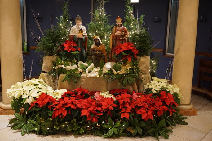 image of Christmas flowers surrounding three wise men