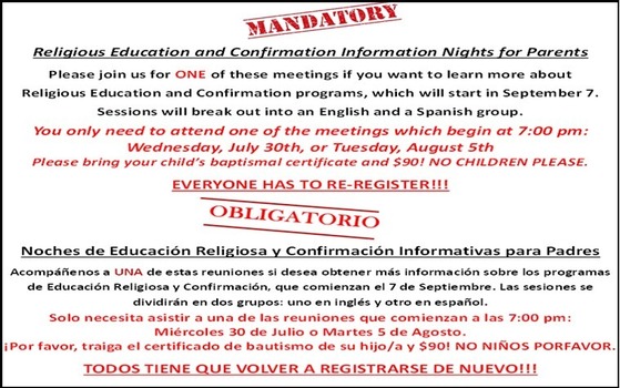 Religious Education and Confirmation Information Nights for Parents
