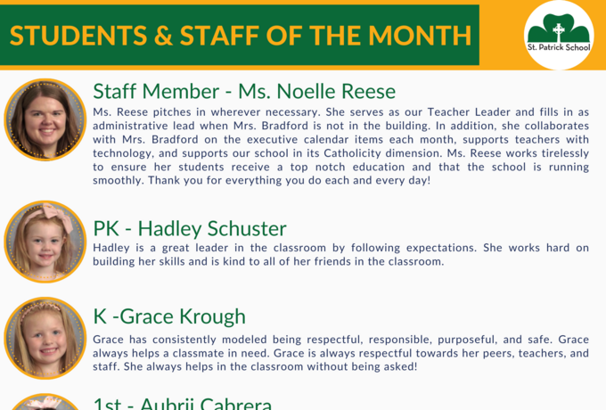 Mrs. Diane Bradford Announces Students of the Month