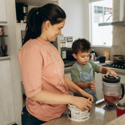Young mother, boy, cooking, kitchen