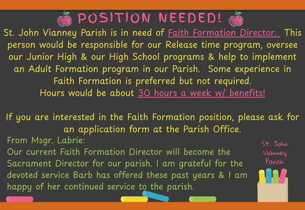 Position Needed! Faith Formation Director