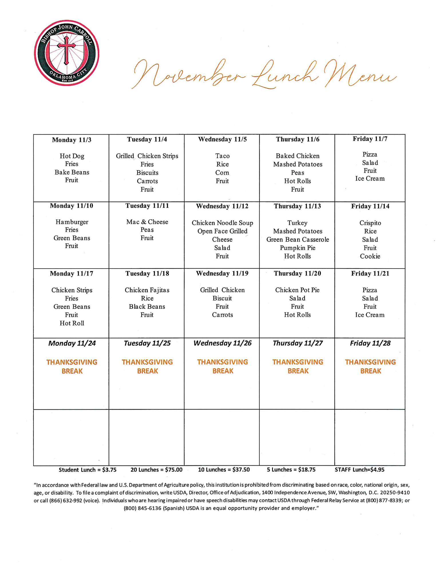 Aug  lunch menu