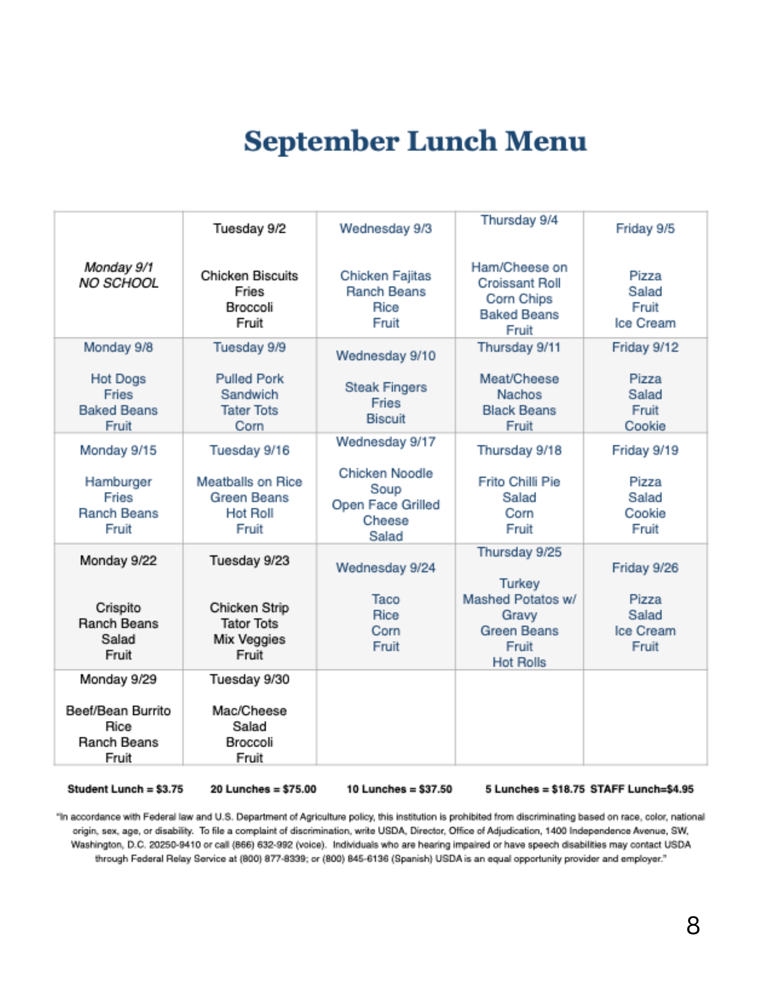 Aug  lunch menu