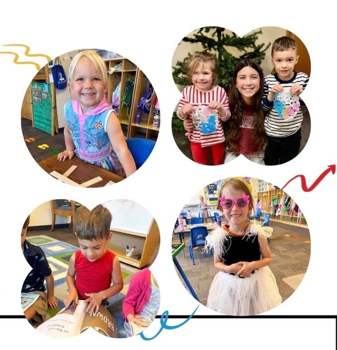 4K students at St. Ann School in their classroom reading, doing centers, playing and spending time with their middle school buddy