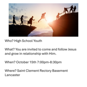 High School Faith Formation Starting on October 15