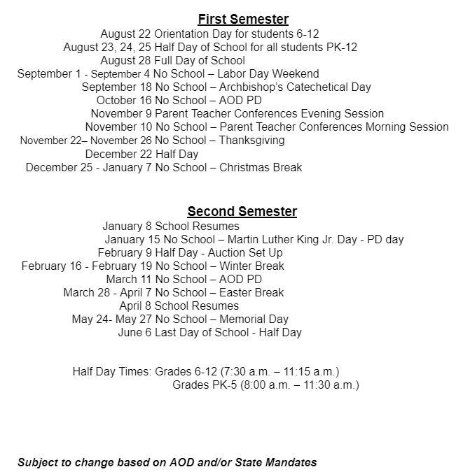 Tentative School Calendar Our Lady of the Lakes School Waterford, MI