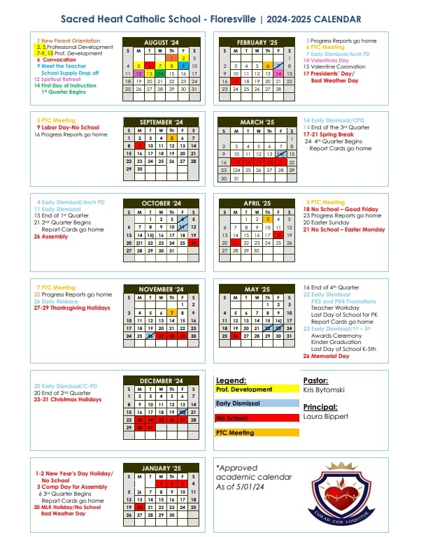 2024 2025 Calendar Sacred Heart Catholic School Floresville TX Calendar