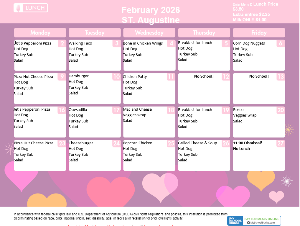 St Augustine Cathedral School September 2025 Lunch Menu